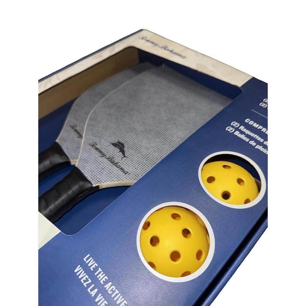 New Tommy Bahama Pickleball Set 2- Grey Wooden Paddles 2-Yellow Game New - Picture 2 of 2